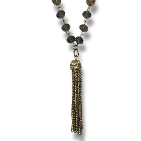 Women’s Necklace Double Strand Tassel Glass Bead Brown Gold 18/20” Length - Picture 5 of 11